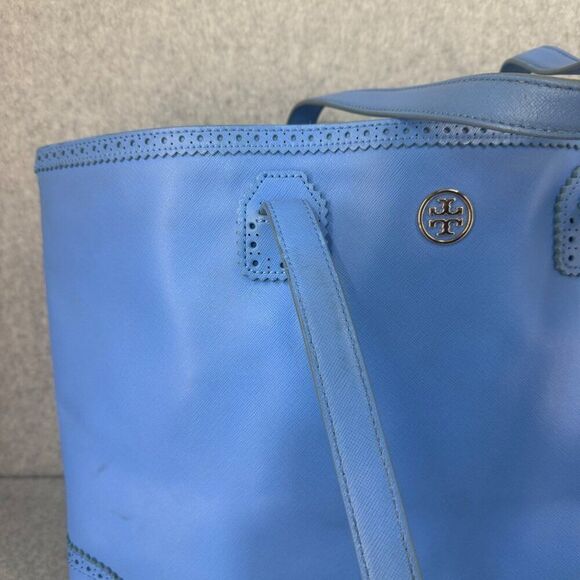 Tory Burch Blue Leather Tote Bag Perforated Details Gold Logo  Shopper Tote - Picture 5 of 15